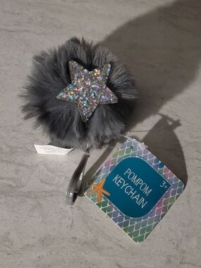 Gray Pom-Pom Keychain with Glitter Star - Fashion Acc